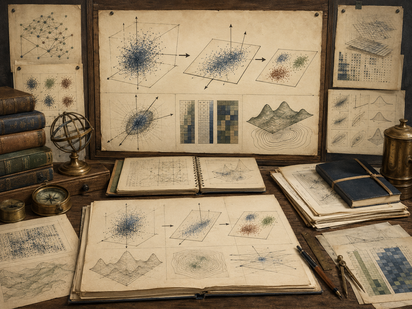 Vintage mathematical workspace with high-dimensional point clouds, projection planes, reduced clusters, matrix grids, surface plots, books, and drafting tools.