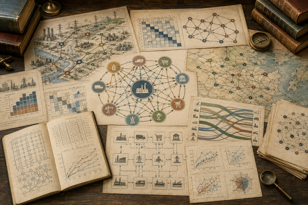 Vintage economics workspace with sector dependency networks, input-output matrix grids, industrial flow diagrams, maps, charts, books, and analytical papers.