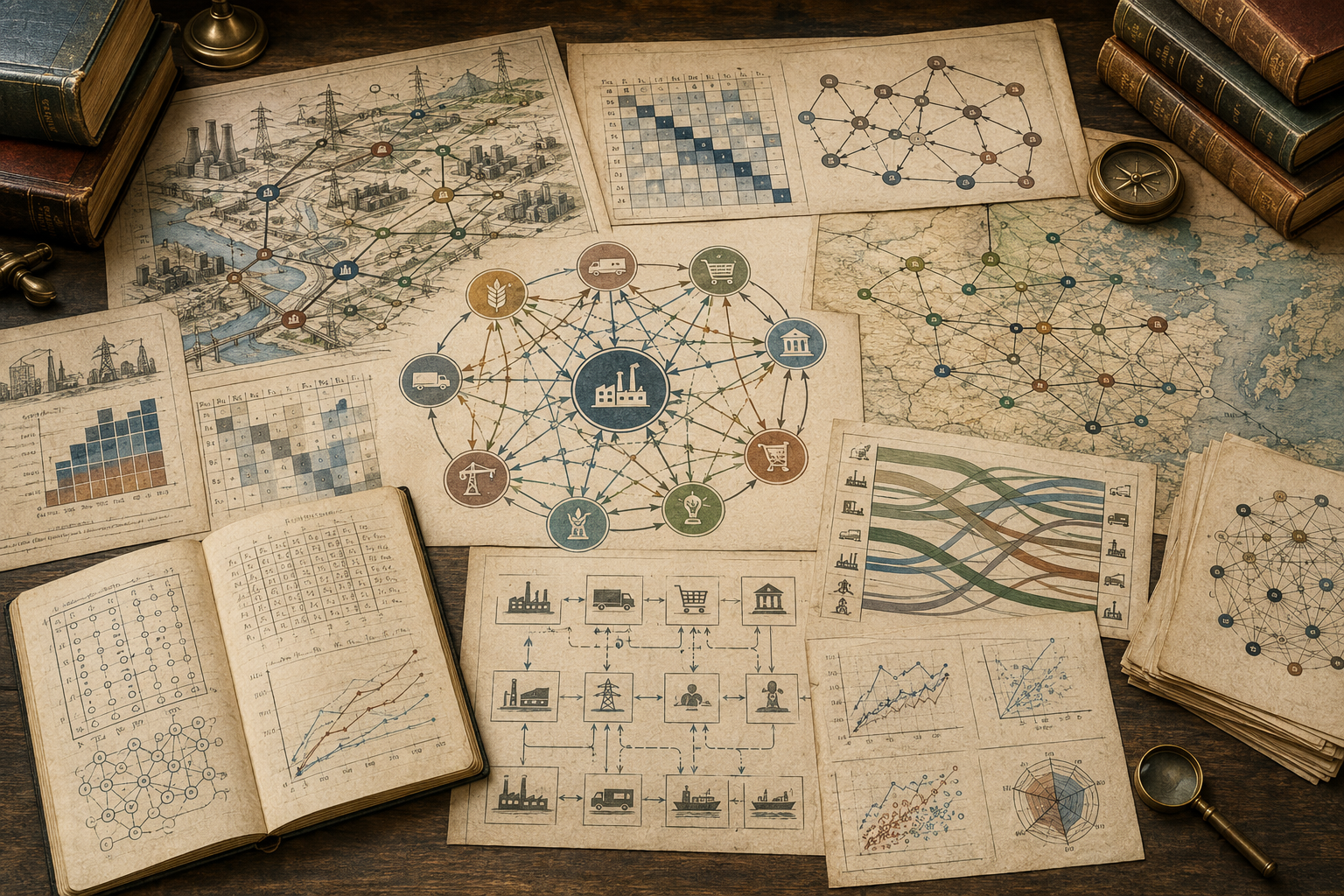 Vintage economics workspace with sector dependency networks, input-output matrix grids, industrial flow diagrams, maps, charts, books, and analytical papers.