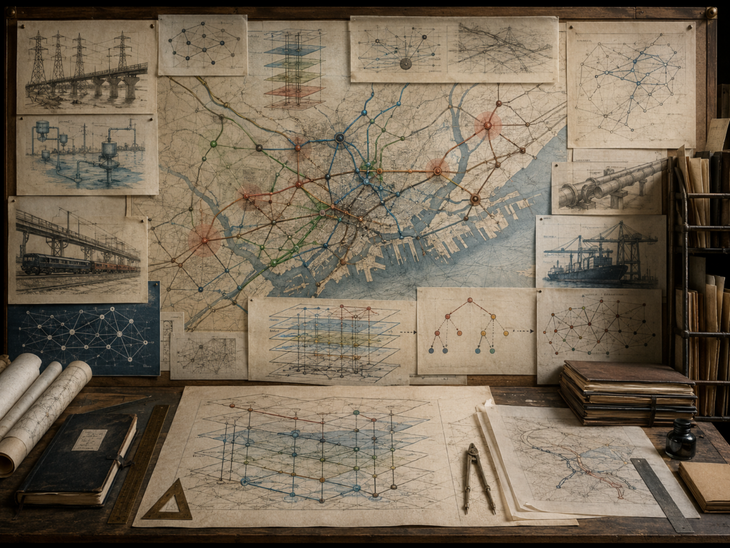 Vintage infrastructure planning workspace with layered network maps, power grids, transport routes, water systems, ports, pipelines, books, and drafting tools.