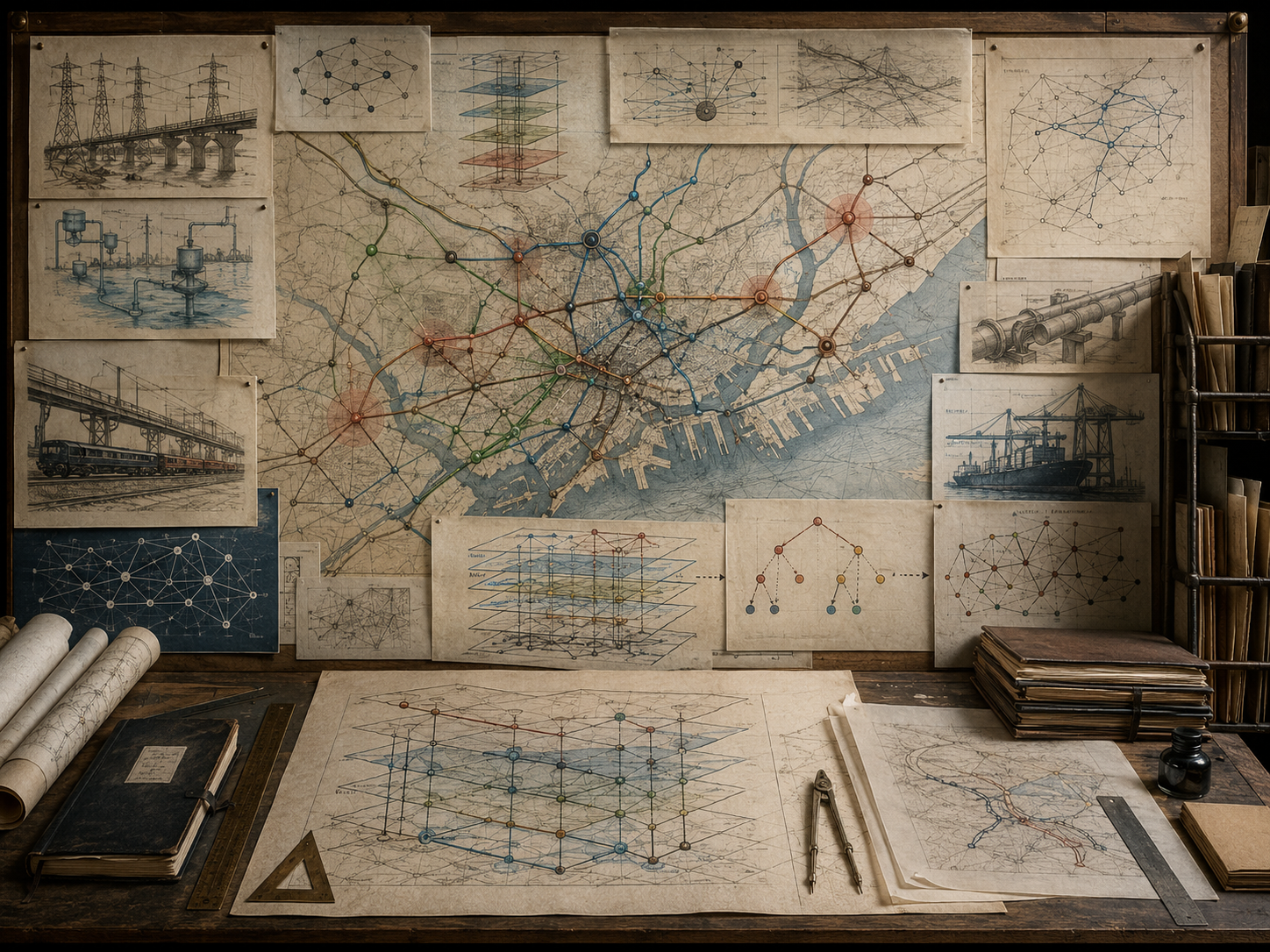 Vintage infrastructure planning workspace with layered network maps, power grids, transport routes, water systems, ports, pipelines, books, and drafting tools.