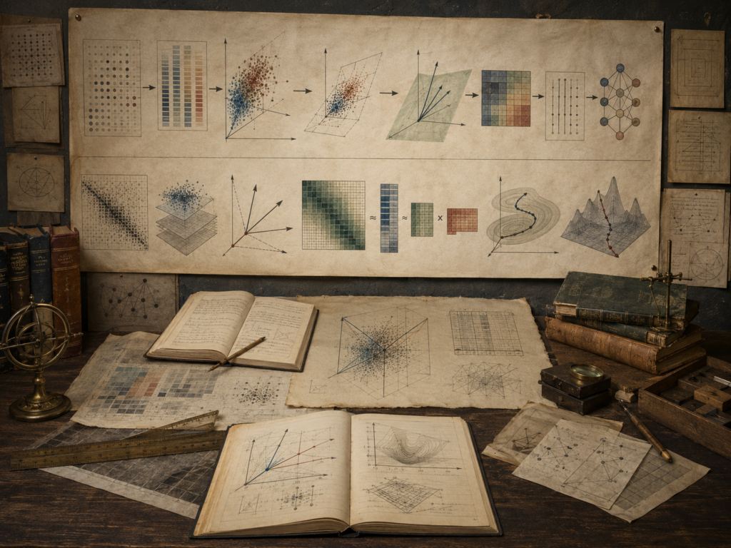 Vintage mathematical workspace with machine learning pipeline diagrams, feature matrices, projections, embeddings, optimization surfaces, neural structures, books, and drafting tools.