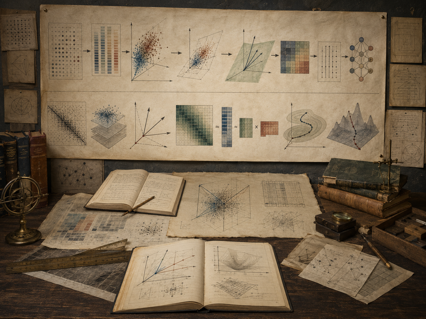 Vintage mathematical workspace with machine learning pipeline diagrams, feature matrices, projections, embeddings, optimization surfaces, neural structures, books, and drafting tools.