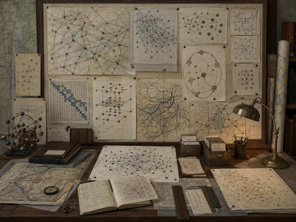 Vintage research workspace with network maps, node-link diagrams, adjacency-like grids, flow paths, system charts, notebooks, books, and drafting tools.