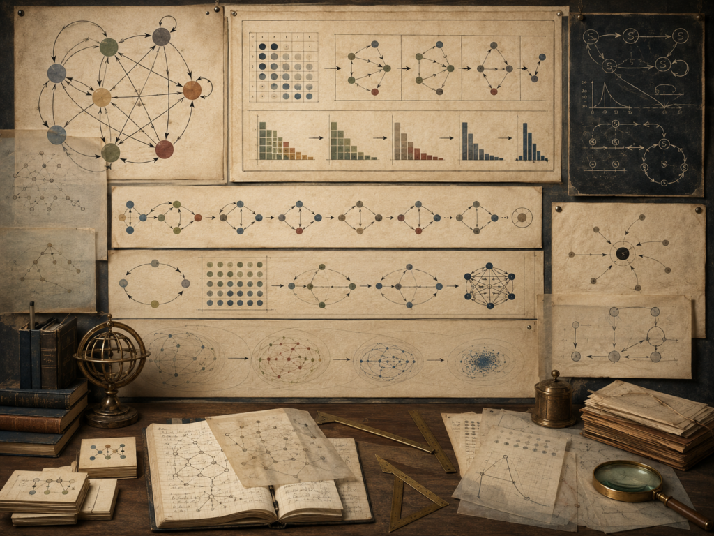 Vintage systems-modeling workspace with state-transition diagrams, Markov chain networks, probability matrix grids, evolving distributions, books, and drafting tools.