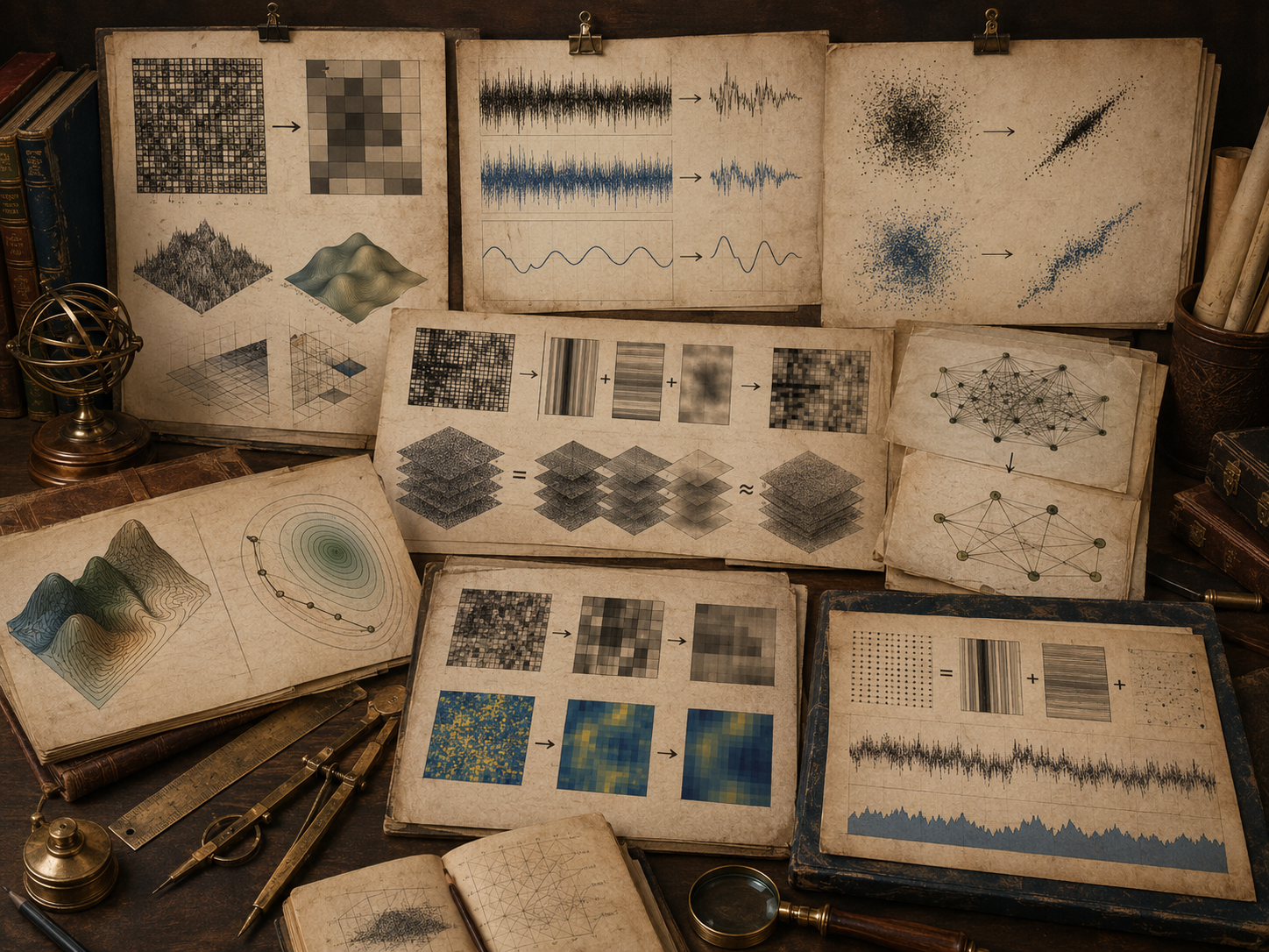 Vintage analytical workspace with noisy signals, compressed matrices, blurred data blocks, filtered patterns, layered components, books, and drafting tools.