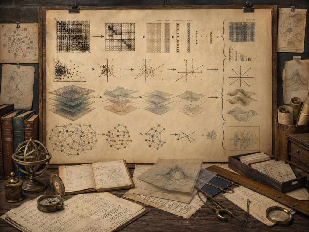 Vintage mathematical workspace with matrix decomposition diagrams, layered component structures, reduced networks, signal patterns, books, notebooks, and drafting tools.