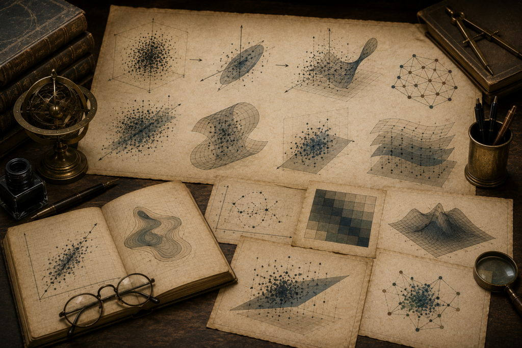 Vintage mathematical workspace with high-dimensional point clouds, projection planes, manifold sketches, reduced data maps, matrix grids, books, and drafting tools.