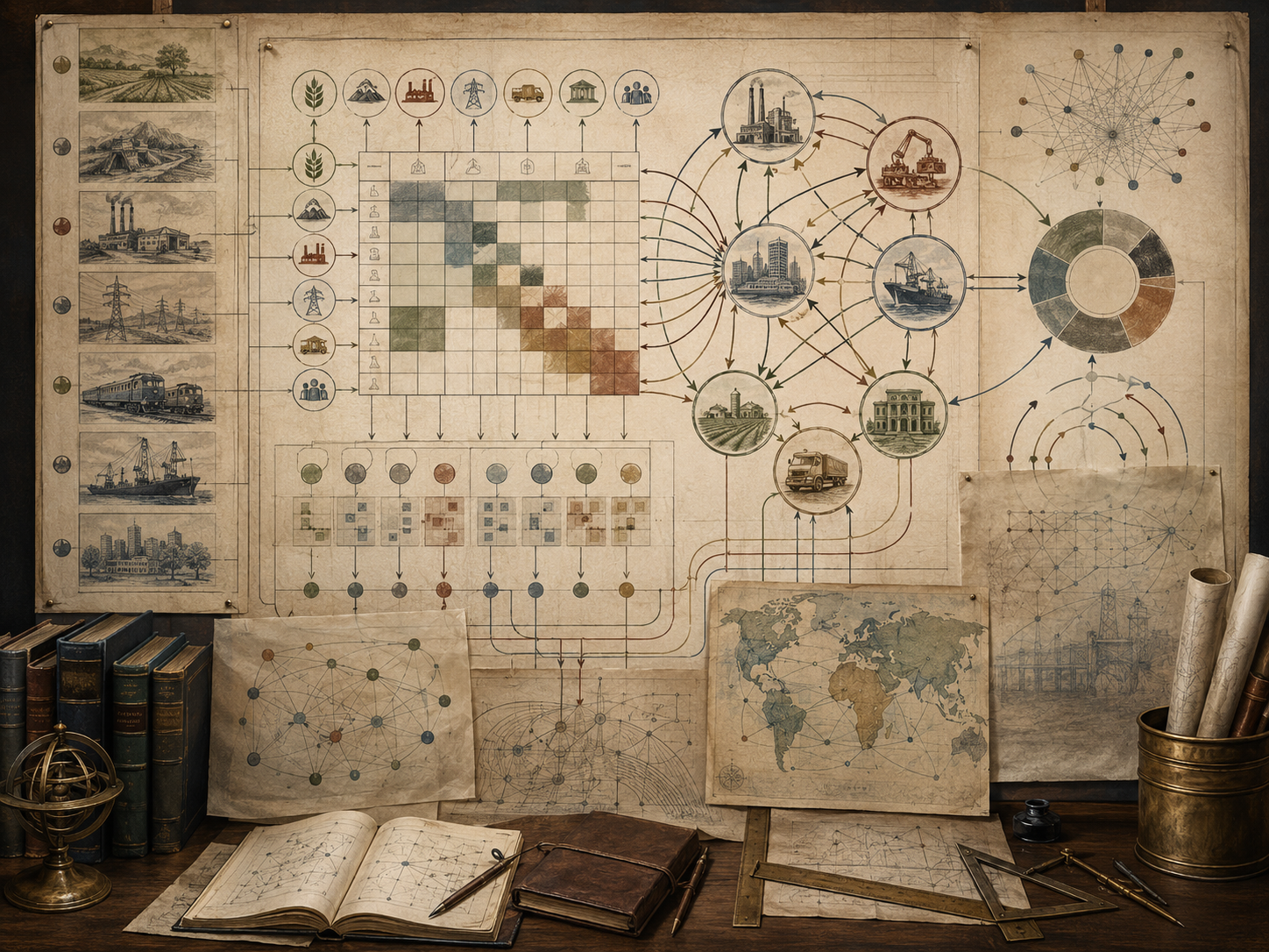 Vintage systems-modeling workspace with sector dependency diagrams, input-output matrix grids, industrial flows, economic networks, maps, books, and drafting tools.