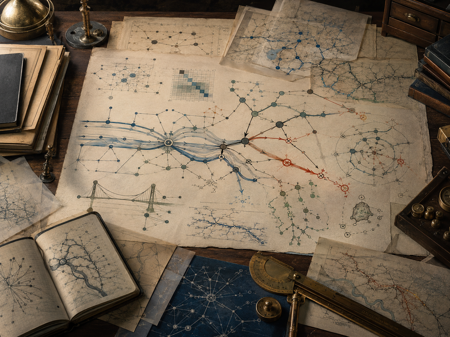 Vintage engineering workspace with network flow maps, connected infrastructure diagrams, bottleneck paths, vulnerable nodes, cascading routes, notebooks, and drafting tools.