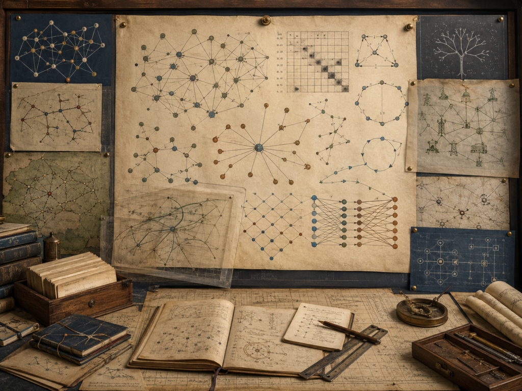 Vintage scholarly workspace with network diagrams, node-link structures, adjacency-like grids, tree forms, cyclic graphs, maps, notebooks, and drafting tools.