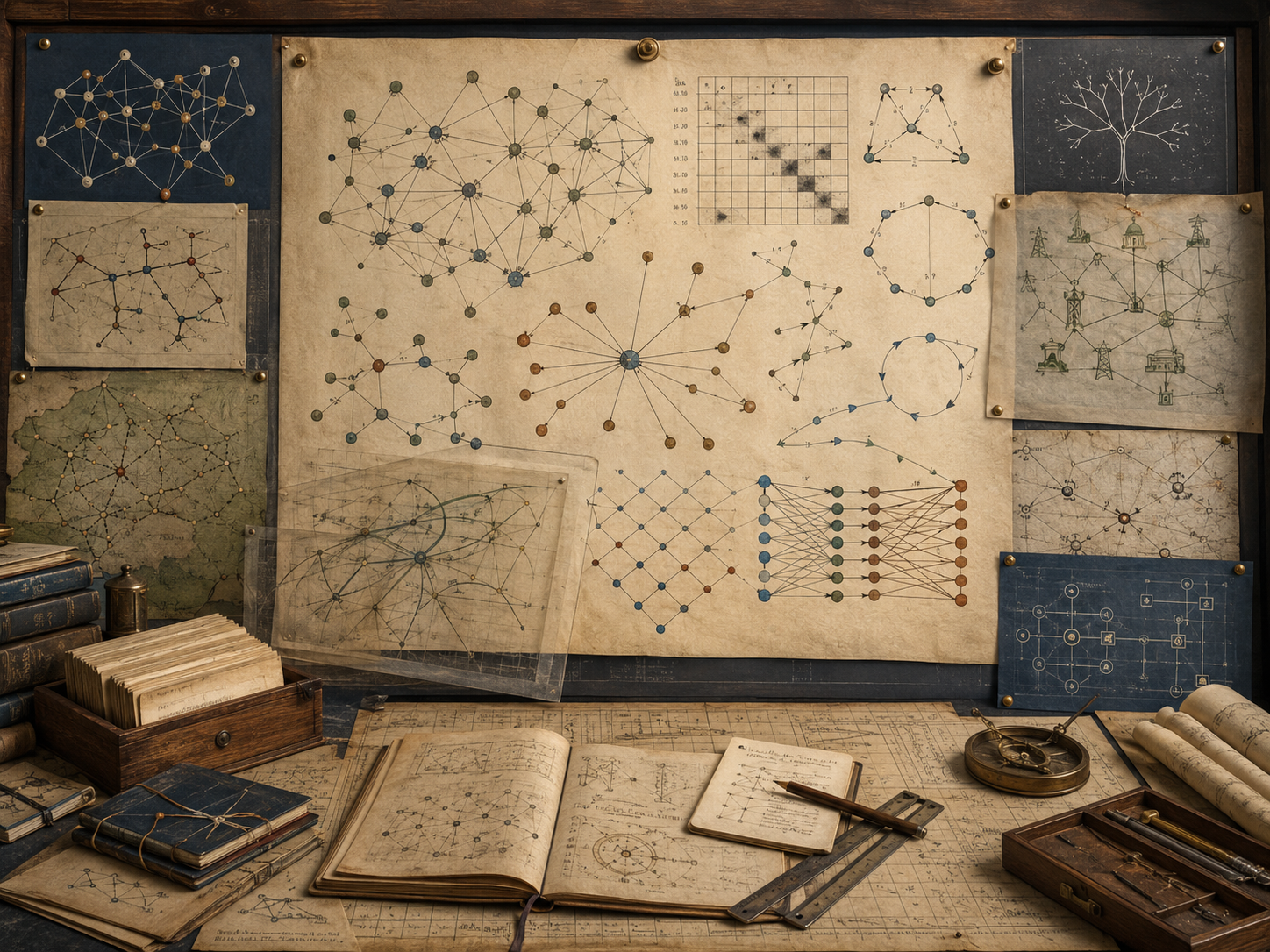 Vintage scholarly workspace with network diagrams, node-link structures, adjacency-like grids, tree forms, cyclic graphs, maps, notebooks, and drafting tools.