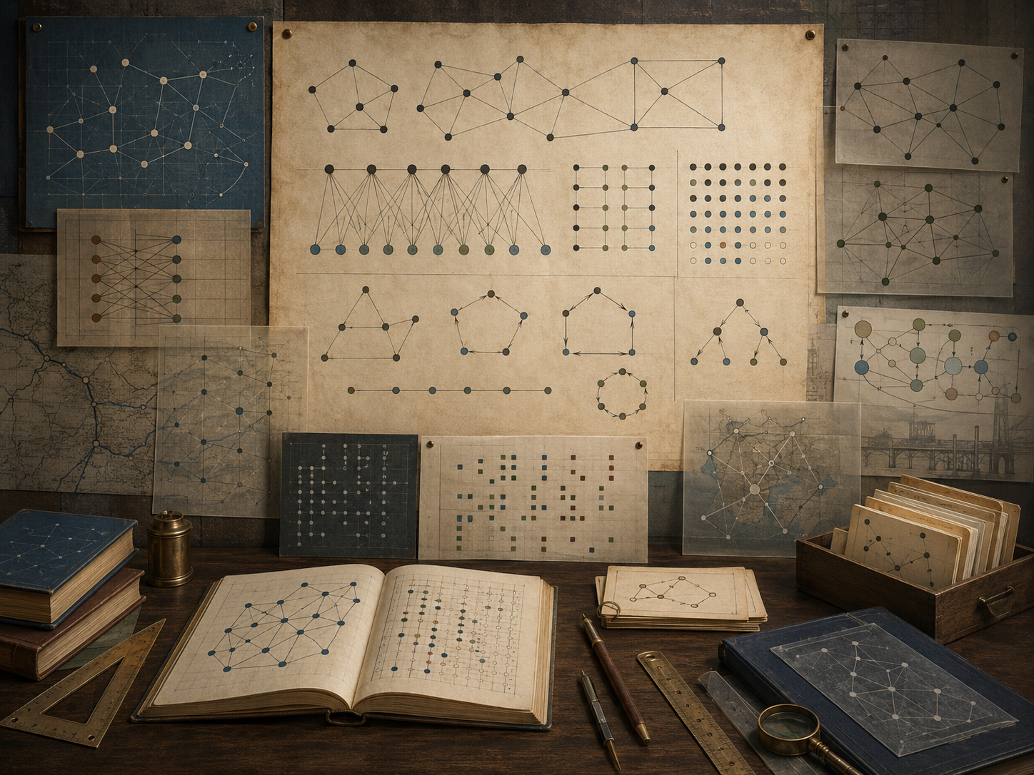 Vintage mathematical workspace with graph diagrams, node-edge structures, incidence-like matrix patterns, network maps, books, and drafting tools.