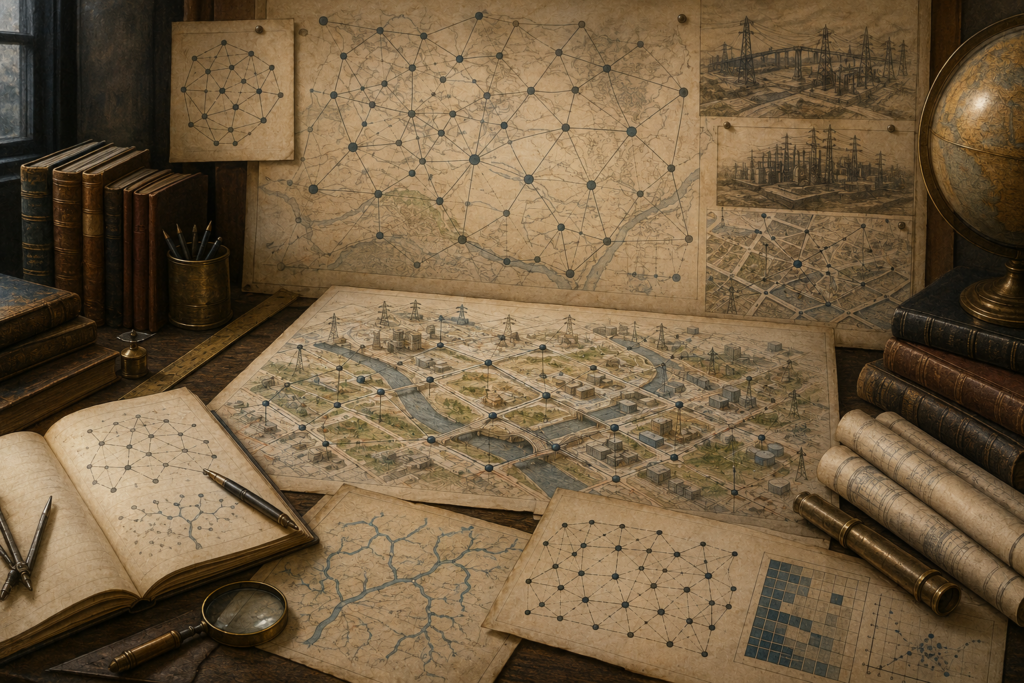 Vintage engineering workspace with infrastructure maps, node-link network diagrams, power-grid sketches, transport routes, books, drafting tools, and archival papers.