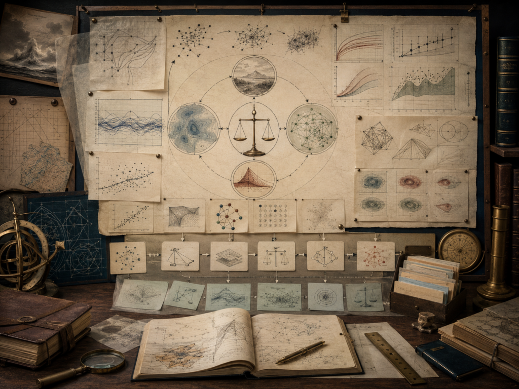 Vintage systems-modeling workspace with approximation diagrams, model comparison sketches, uncertainty curves, balance scales, networks, books, and drafting tools.