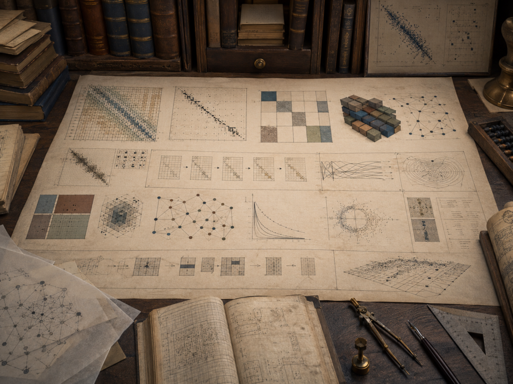 Vintage mathematical workspace with large sparse matrices, block matrix structures, iterative computation diagrams, network graphs, convergence curves, books, and drafting tools.