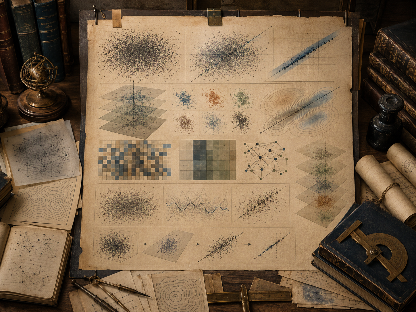 Vintage mathematical workspace with noisy point clouds, extracted signal directions, layered projections, matrix grids, contour patterns, books, and drafting tools.