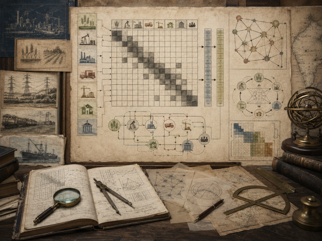 Vintage economics workspace with input-output matrix grids, sector dependency networks, industrial flows, agricultural links, books, and drafting tools.