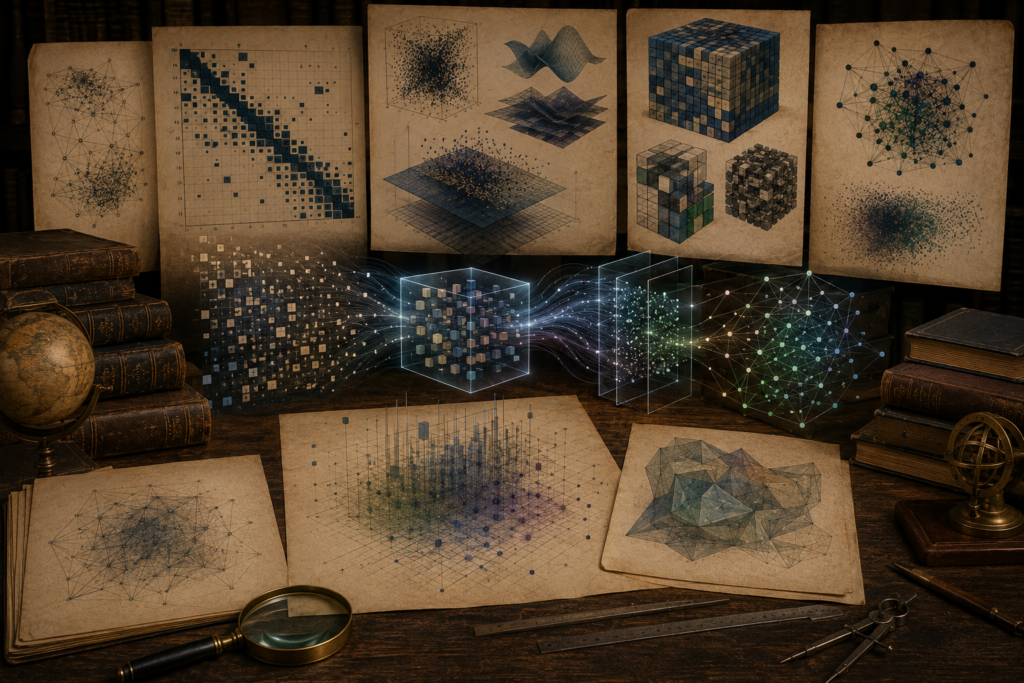 Vintage mathematical workspace with matrix grids, computational structures, network diagrams, layered data cubes, books, drafting tools, and archival papers.