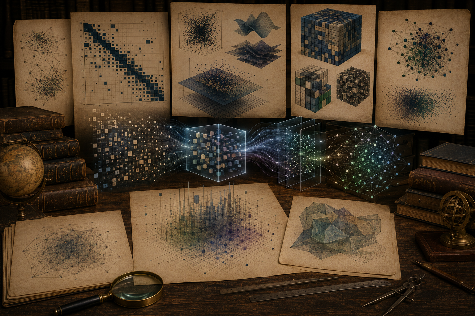 Vintage mathematical workspace with matrix grids, computational structures, network diagrams, layered data cubes, books, drafting tools, and archival papers.