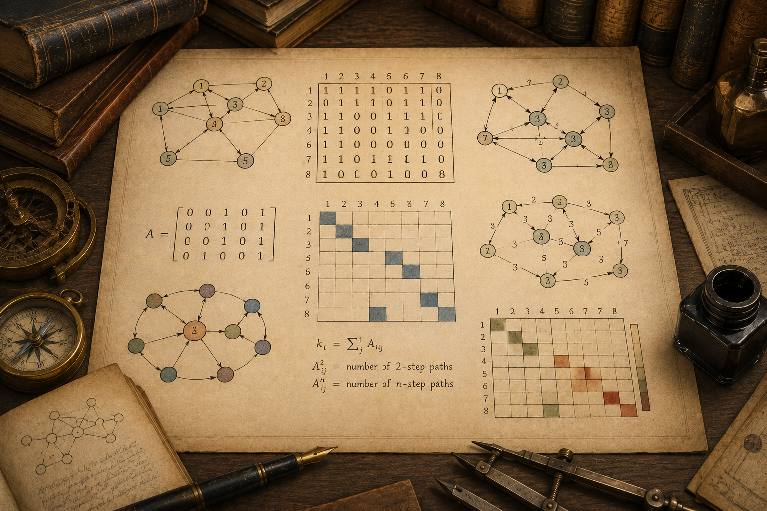 Vintage mathematical workspace with network diagrams, adjacency matrix grids, directed paths, matrix powers, notebooks, books, ink, and drafting tools.
