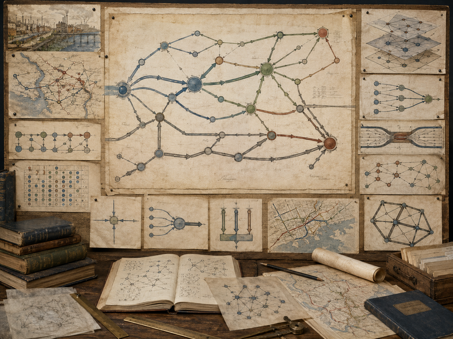 Vintage systems-modeling workspace with directed network flows, weighted paths, source and sink nodes, infrastructure maps, flow diagrams, books, and drafting tools.