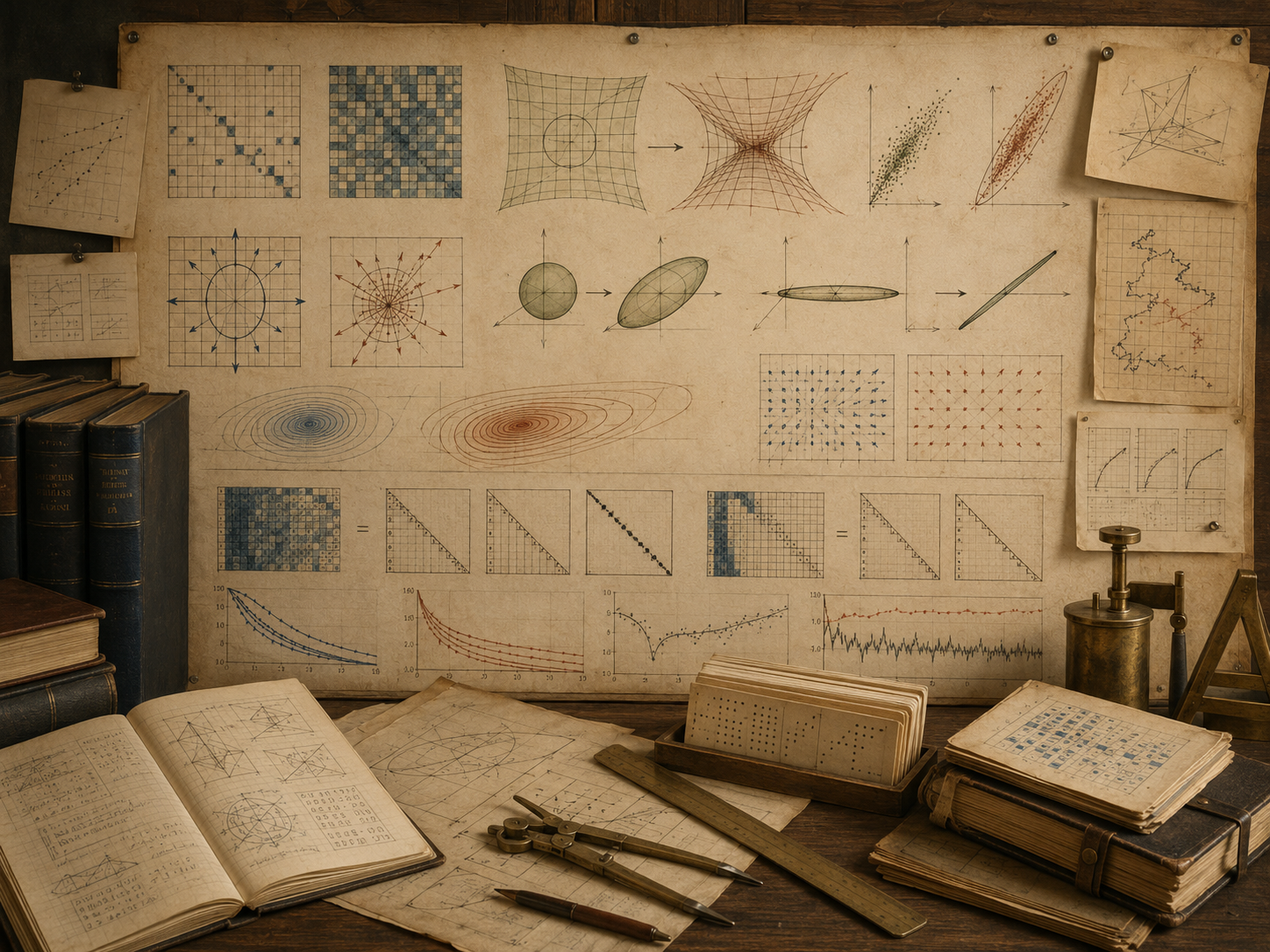 Vintage mathematical workspace with distorted grids, near-singular matrix patterns, elongated ellipses, perturbation diagrams, convergence curves, books, and drafting tools.