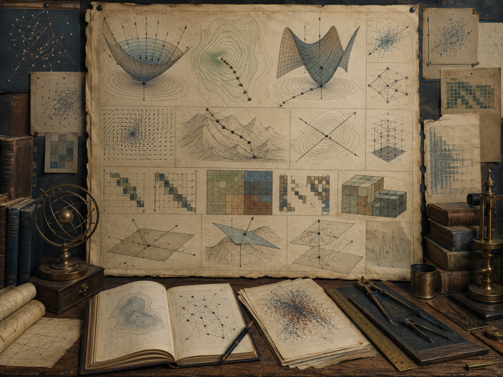 Vintage mathematical workspace with optimization surfaces, gradient paths, contour diagrams, matrix blocks, vector fields, point clouds, books, and drafting tools.