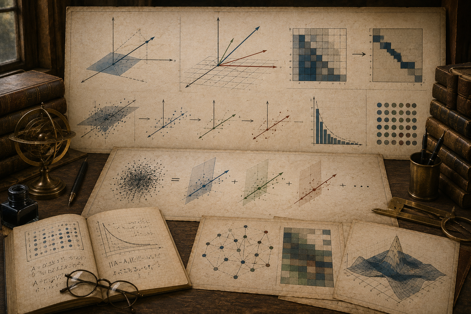 Vintage mathematical workspace with vector projections, decomposed components, matrix-like grids, approximation diagrams, point clouds, books, and drafting tools.