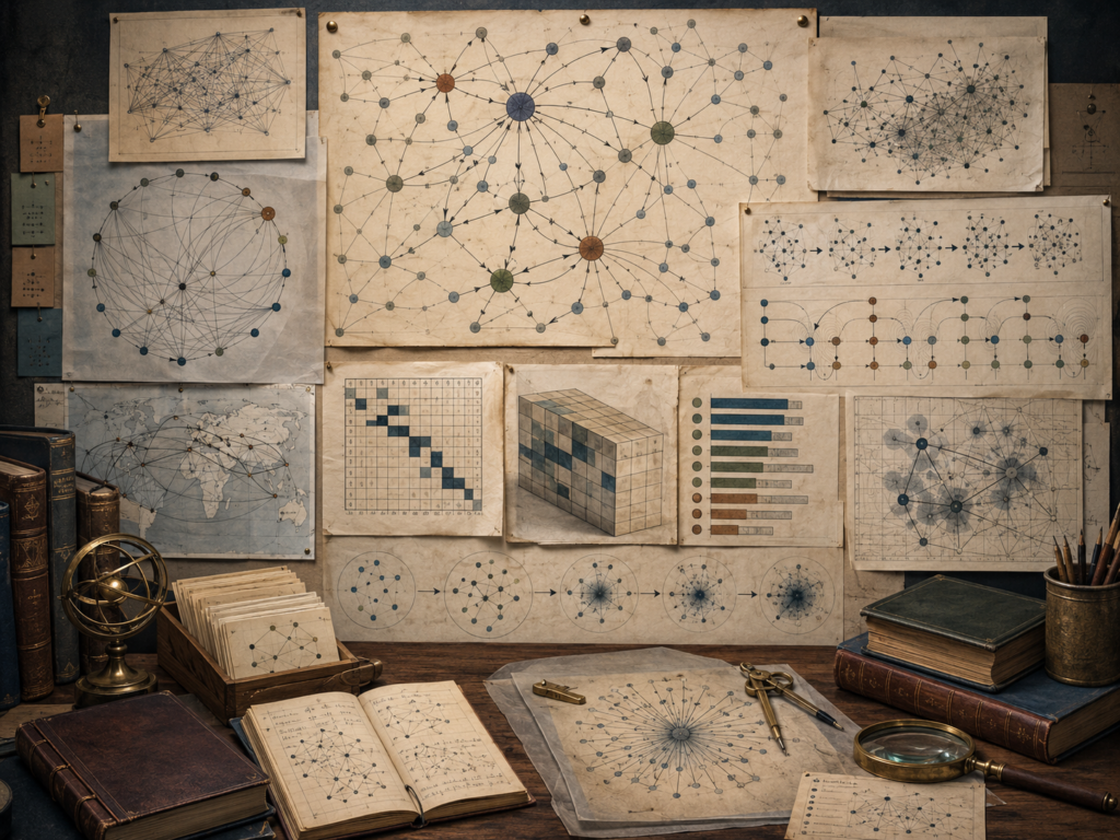 Vintage research workspace with directed network diagrams, influential nodes, adjacency-like grids, ranking bars, propagation paths, books, and drafting tools.