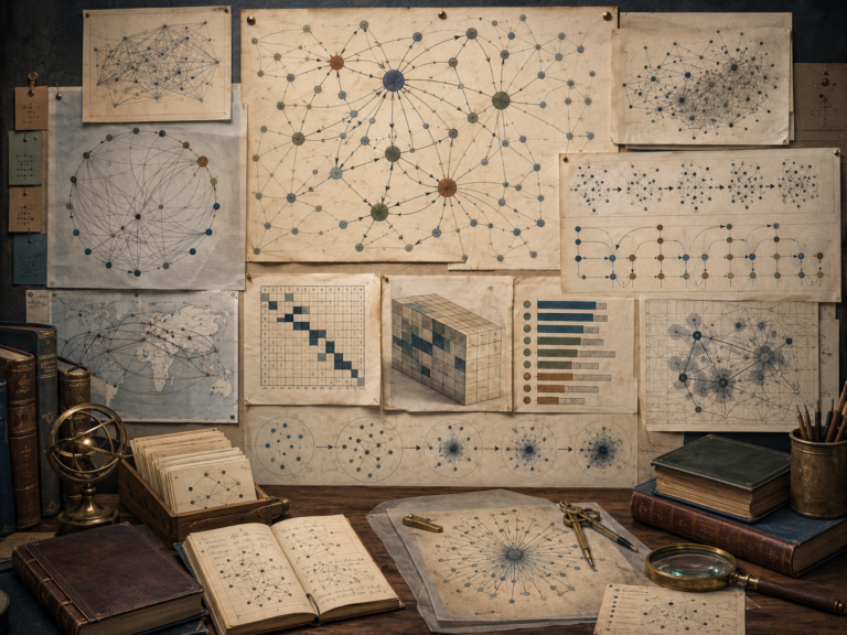 Vintage research workspace with directed network diagrams, influential nodes, adjacency-like grids, ranking bars, propagation paths, books, and drafting tools.