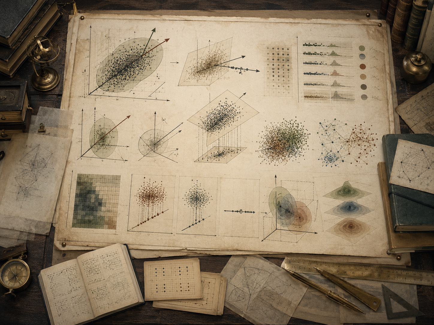 Vintage mathematical workspace with point clouds, principal axes, projection planes, covariance-like grids, clustered data, contour surfaces, books, and drafting tools.