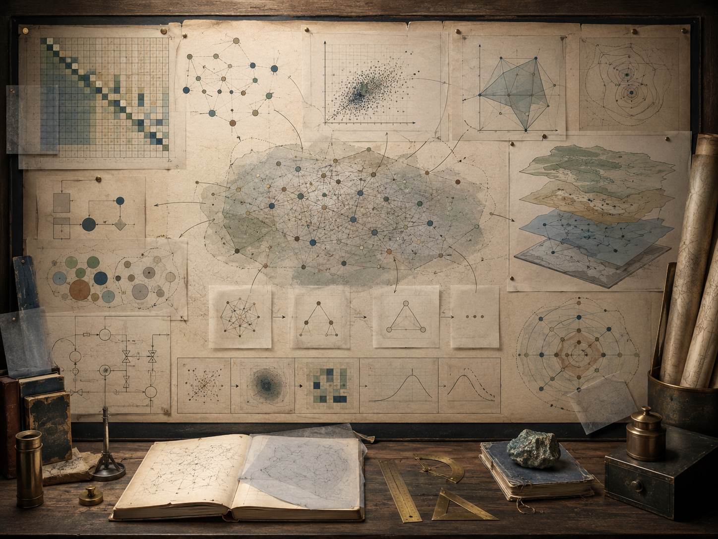 Vintage systems-modeling workspace with alternative network diagrams, matrix grids, layered maps, simplified structures, probability sketches, books, and drafting tools.