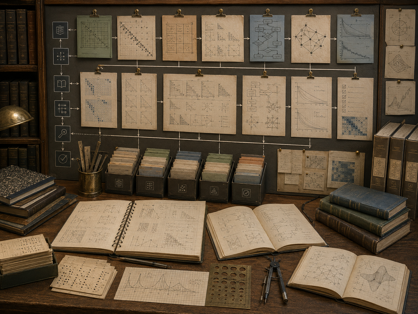 Serious editorial illustration of reproducible linear algebra workflows with notebooks and documentation, showing matrix notebooks, versioned artifacts, data provenance records, diagnostic reports, validation checks, repository structure, reproducible figures, scientific computing materials, and muted institutional drafting surfaces without labels or text.