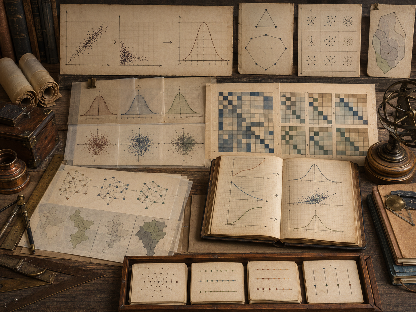 Vintage analytical workspace with normalized distributions, scaled data clouds, matrix grids, comparative plots, network diagrams, books, and drafting tools.