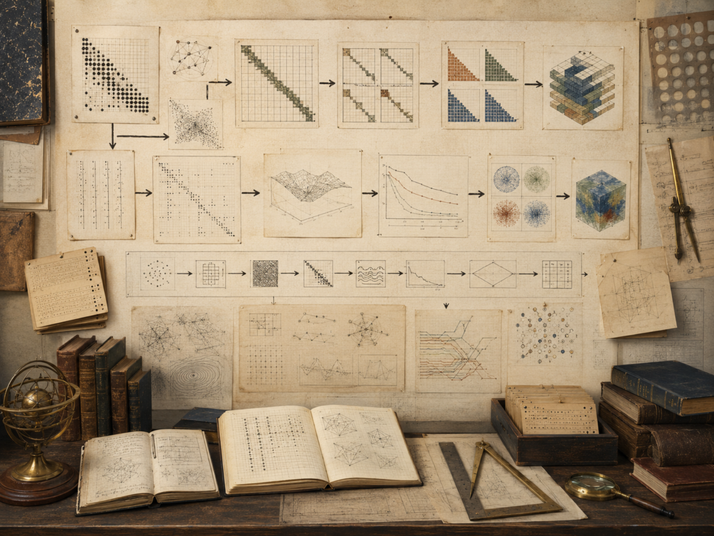 Vintage scientific-computing workspace with matrix workflows, sparse structures, decomposition diagrams, convergence curves, network sketches, books, and drafting tools.