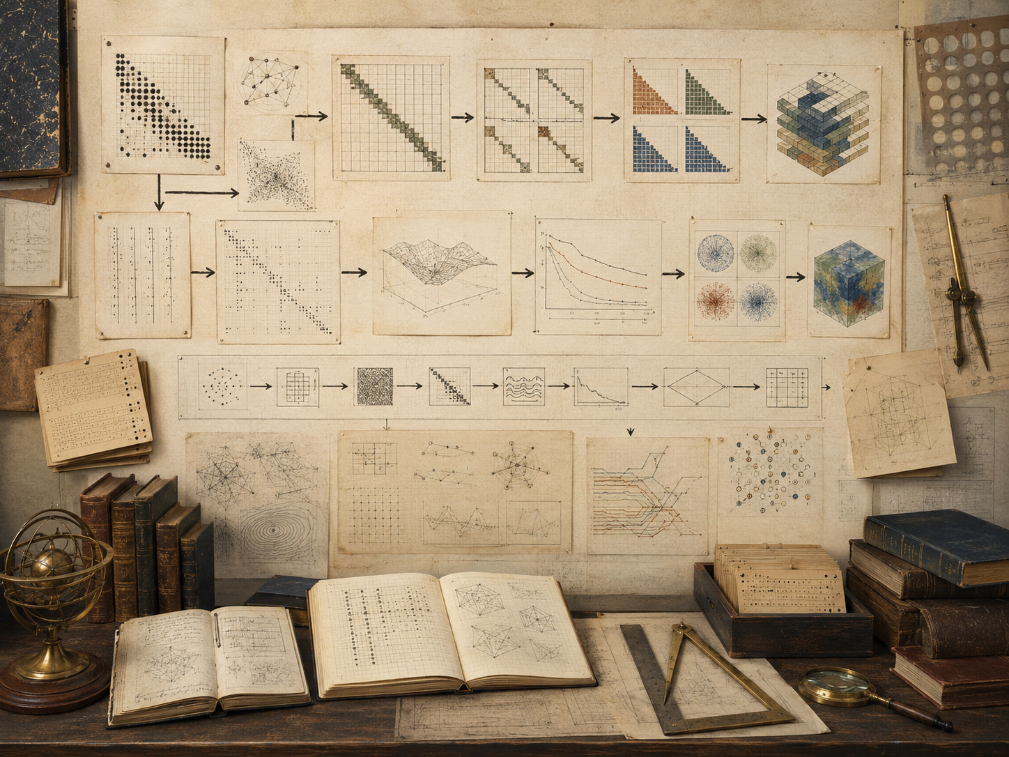 Vintage scientific-computing workspace with matrix workflows, sparse structures, decomposition diagrams, convergence curves, network sketches, books, and drafting tools.