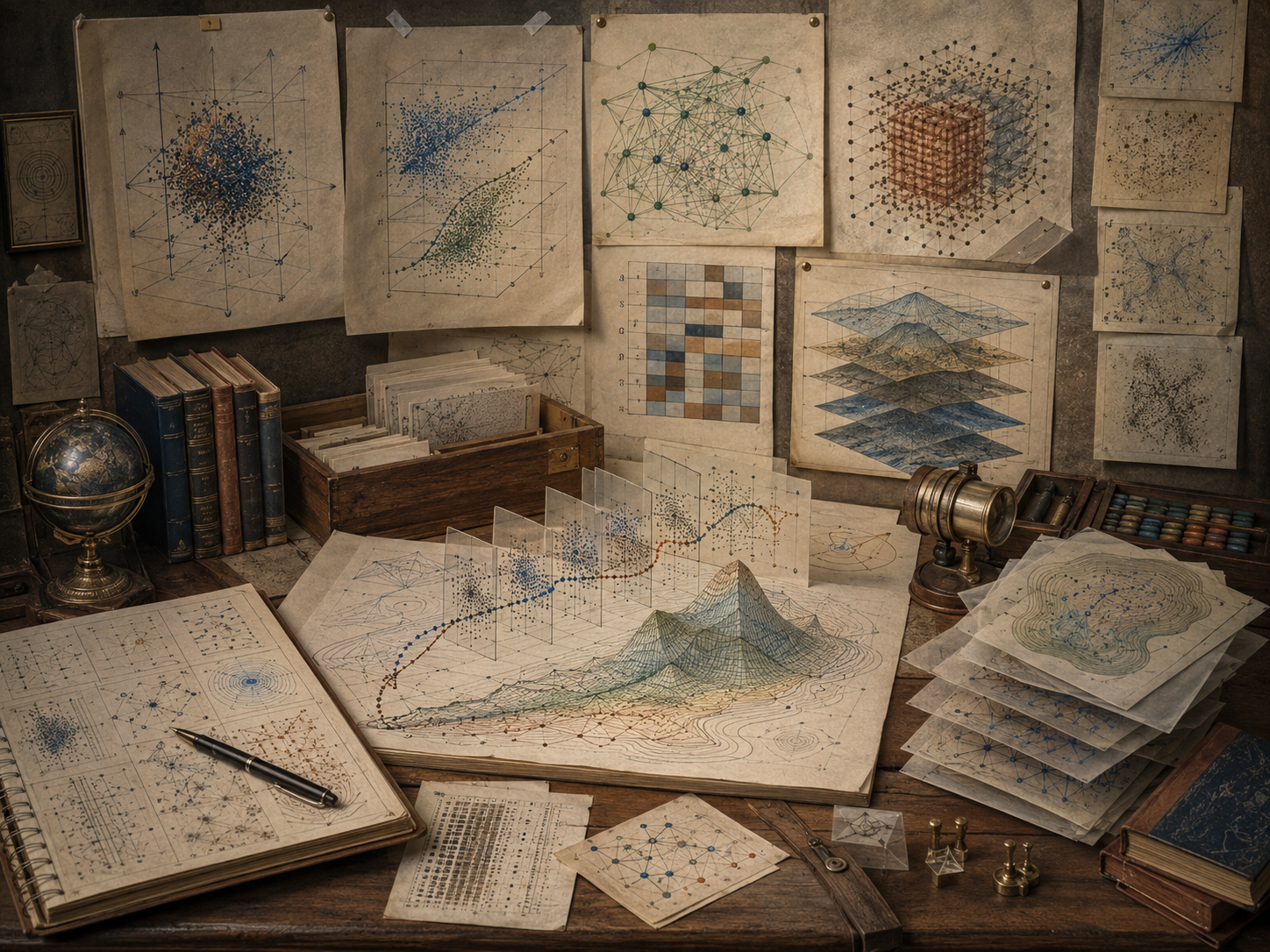 Vintage research workspace with high-dimensional point clouds, layered simulation planes, network structures, matrix grids, trajectory paths, books, and drafting tools.