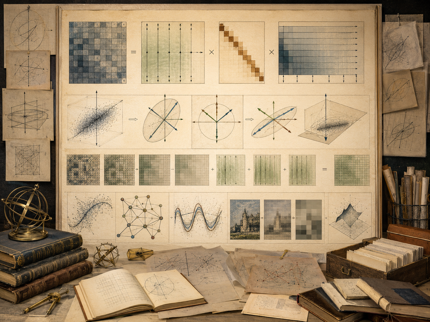Vintage mathematical workspace with matrix decomposition diagrams, singular directions, transformed ellipses, ranked components, point clouds, books, and drafting tools.