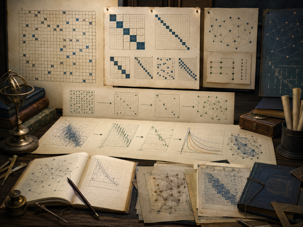 Vintage mathematical workspace with sparse matrix grids, block patterns, network graphs, convergence curves, notebooks, books, and drafting tools.