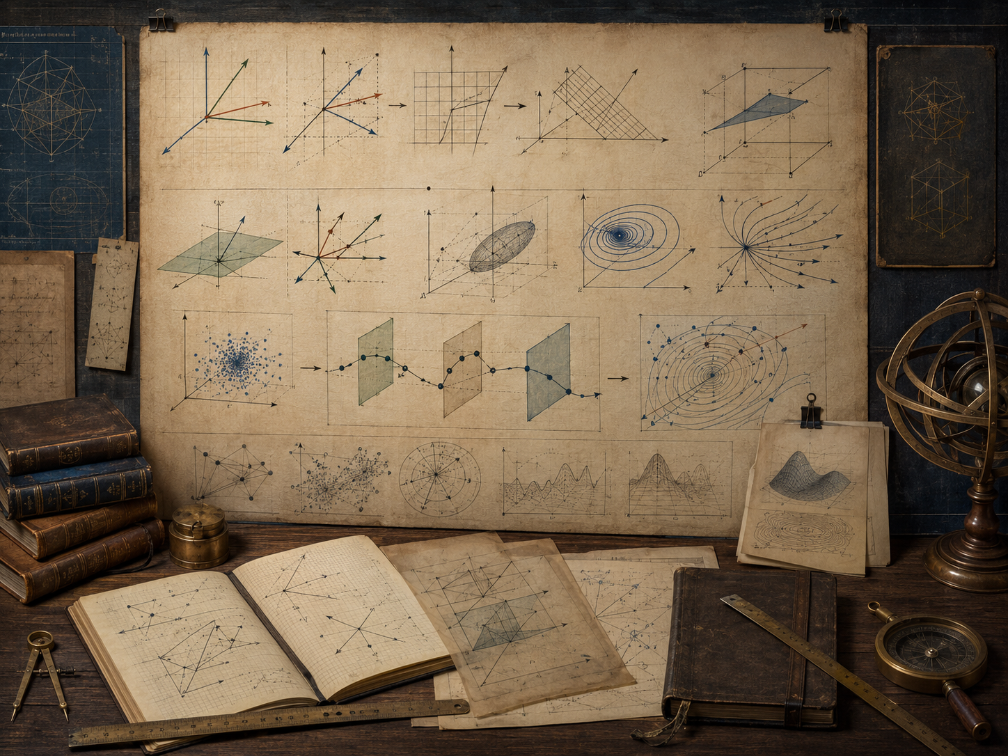 Vintage mathematical workspace with vector diagrams, transformed grids, state-space trajectories, projection planes, phase portraits, books, and drafting tools.