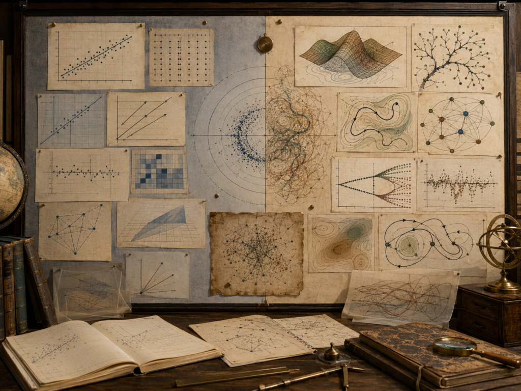Vintage systems-modeling workspace with clear linear diagrams, nonlinear patterns, distorted projections, chaotic networks, scatterplots, books, and drafting tools.