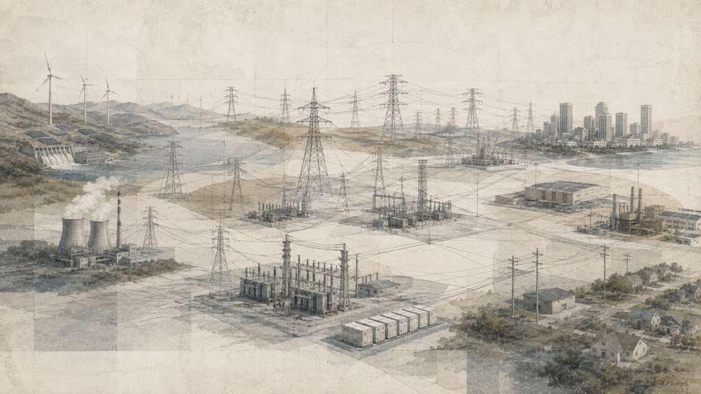 Wide editorial landscape showing power generation, high-voltage transmission towers, substations, distribution lines, energy storage, industry, cities, and residential areas connected across an electricity grid.