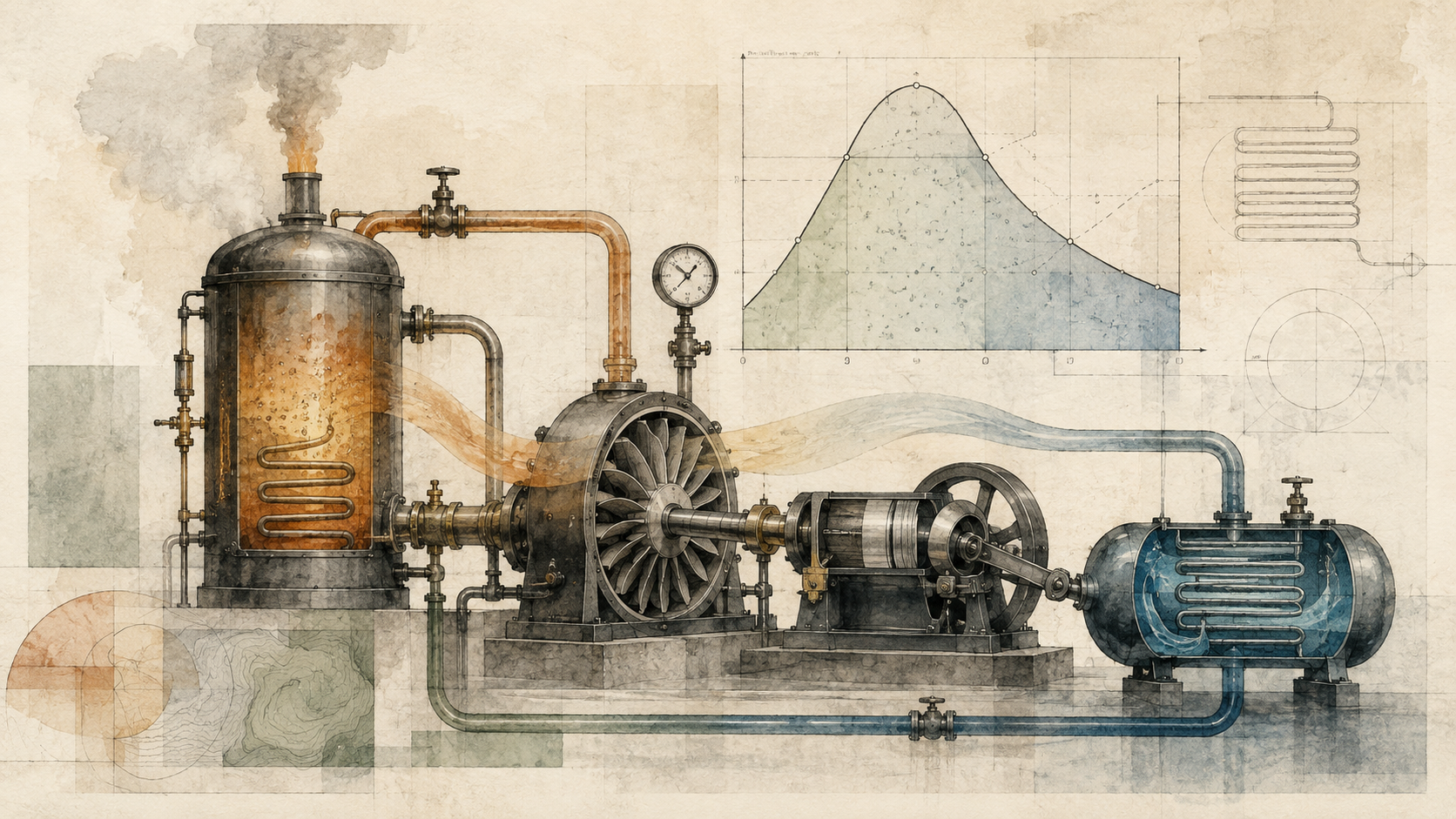 Editorial technical illustration showing a boiler, turbine, piping, condenser, and abstract thermodynamic diagrams in a muted institutional style.
