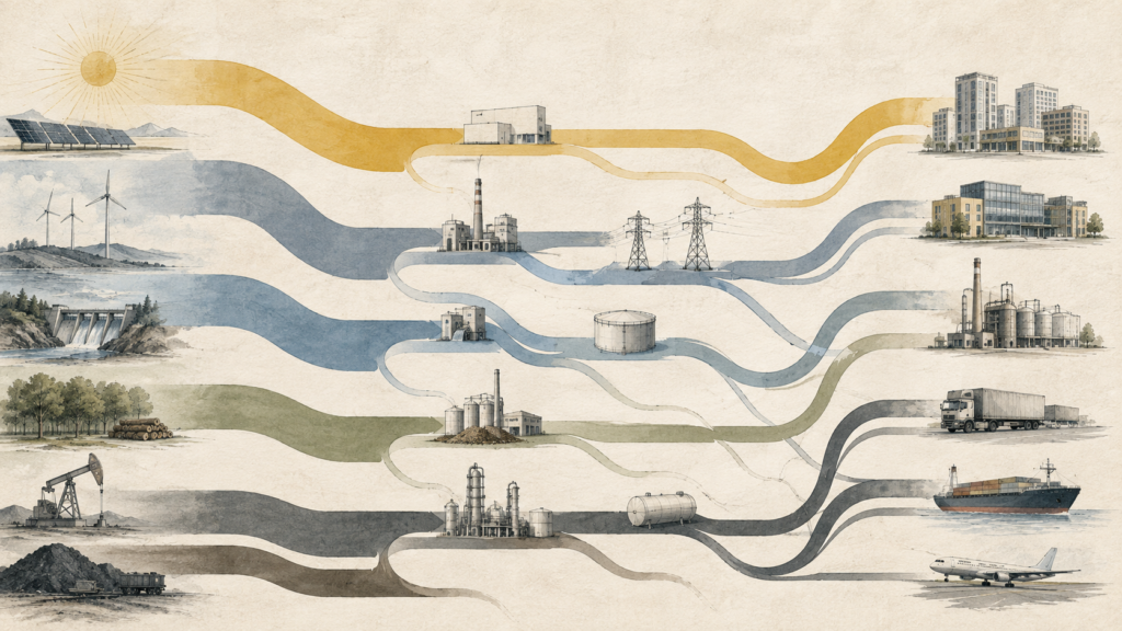 Editorial Sankey-style illustration showing energy sources flowing through conversion and distribution systems to buildings, industry, trucks, ships, and aircraft.