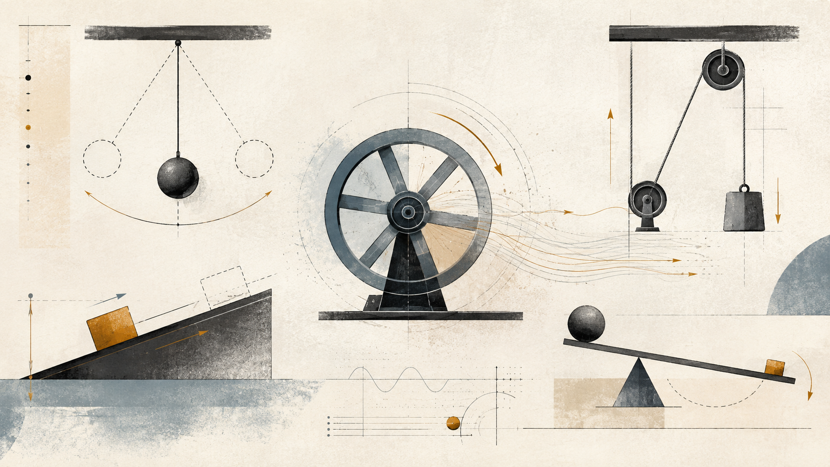 Editorial diagram showing a pendulum, wheel, pulley, inclined plane, and lever in a restrained mechanical composition representing the relationships among energy, power, and work.