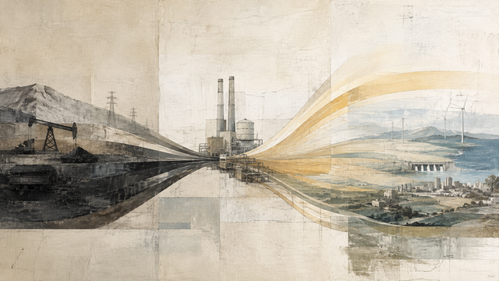 Editorial landscape showing energy extraction and industrial infrastructure feeding a central conversion system, with broader energy flows extending toward power generation, settlements, and productive uses.