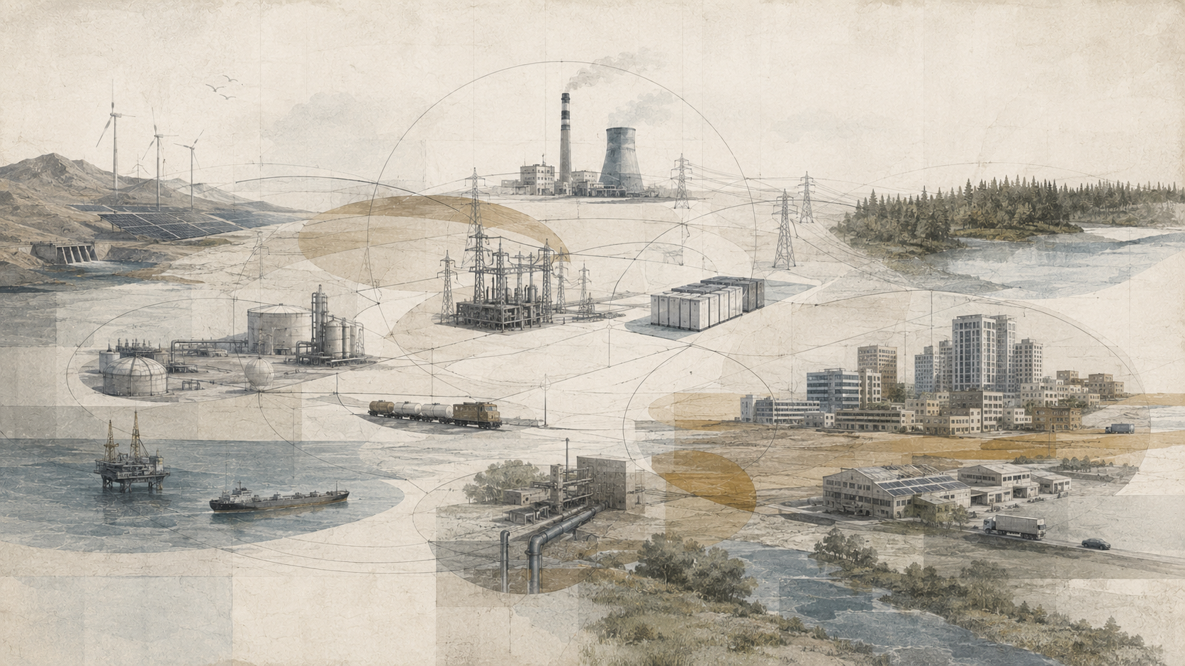 Layered editorial landscape connecting energy resources, power plants, transmission networks, storage, pipelines, transportation, cities, industry, forests, and waterways.