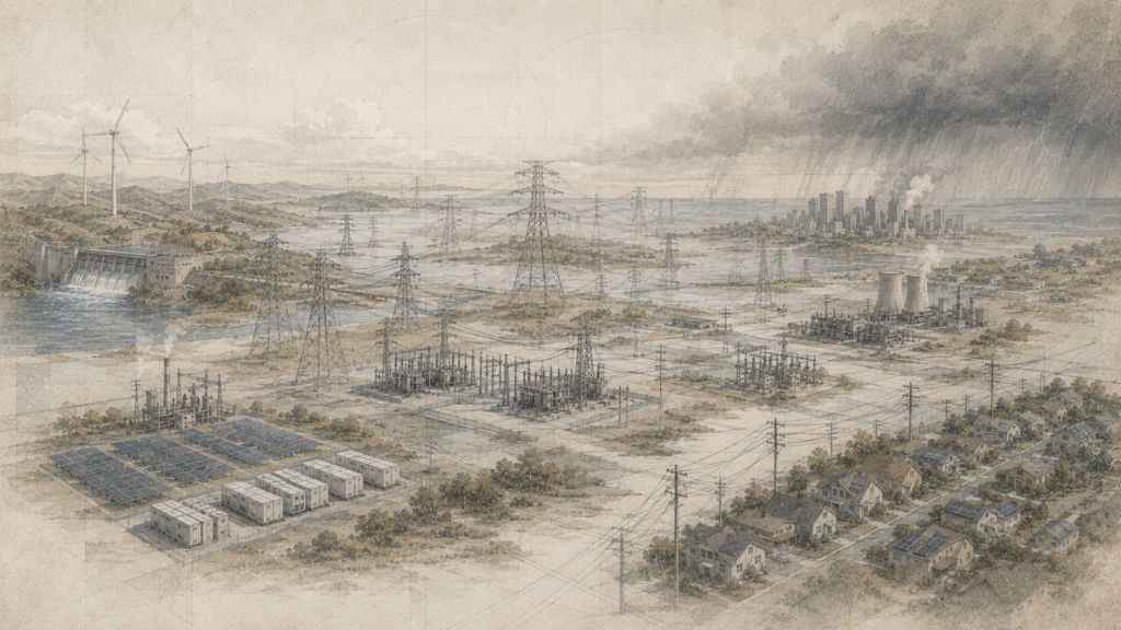 Wide editorial landscape showing an interconnected electricity grid with transmission lines, substations, diverse power generation, battery storage, cities, and neighborhoods beneath an approaching severe storm.