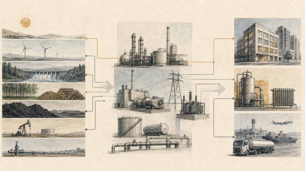 Editorial diagram showing primary energy sources flowing through conversion and distribution infrastructure to buildings, industrial heat, and transportation uses.